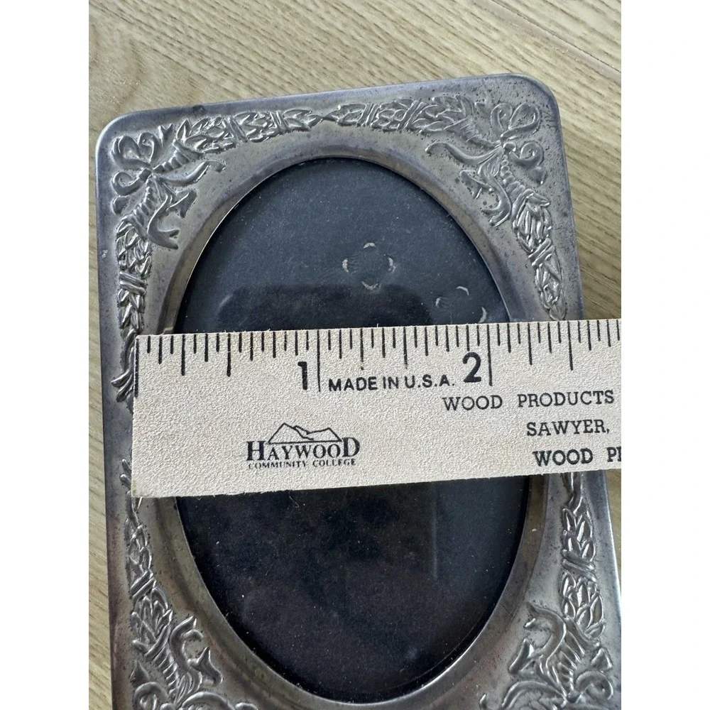 Vintage Pewter Tone Oval Picture Frame Floral Bow Ribbon Easel Back Cottage